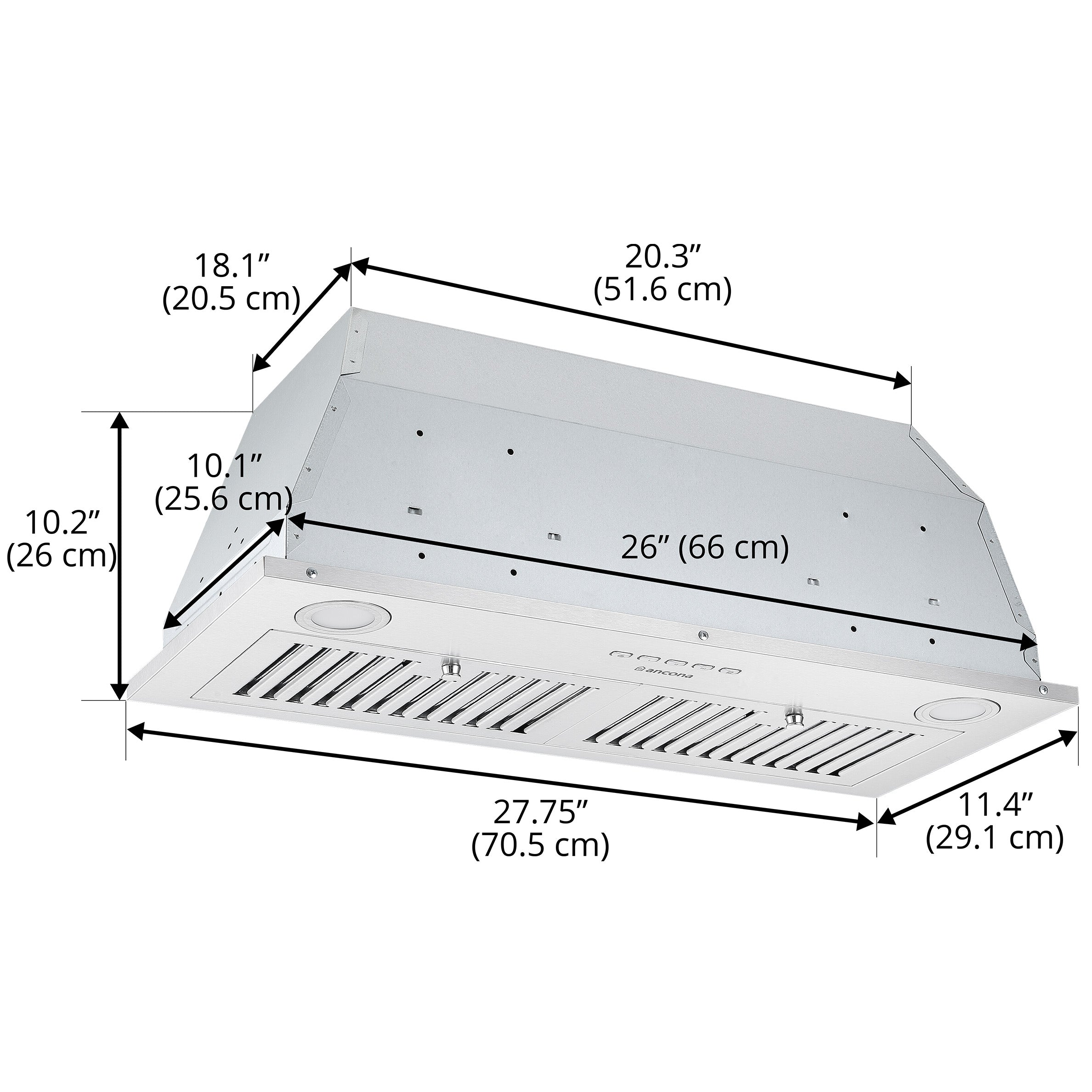 Ancona Hotte de cuisine encastrable 600 pi3/min Inserta IV en acier inoxydable de 28 po
