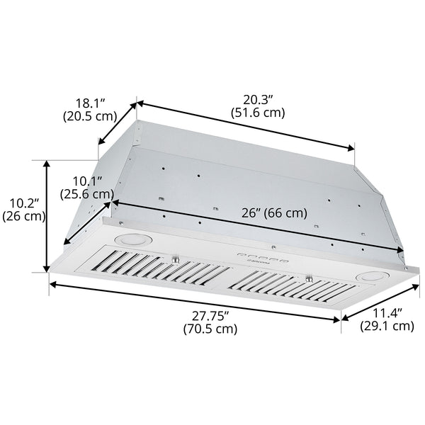 Ancona Hotte de cuisine encastrable 600 pi3/min Inserta IV en acier inoxydable de 28 po