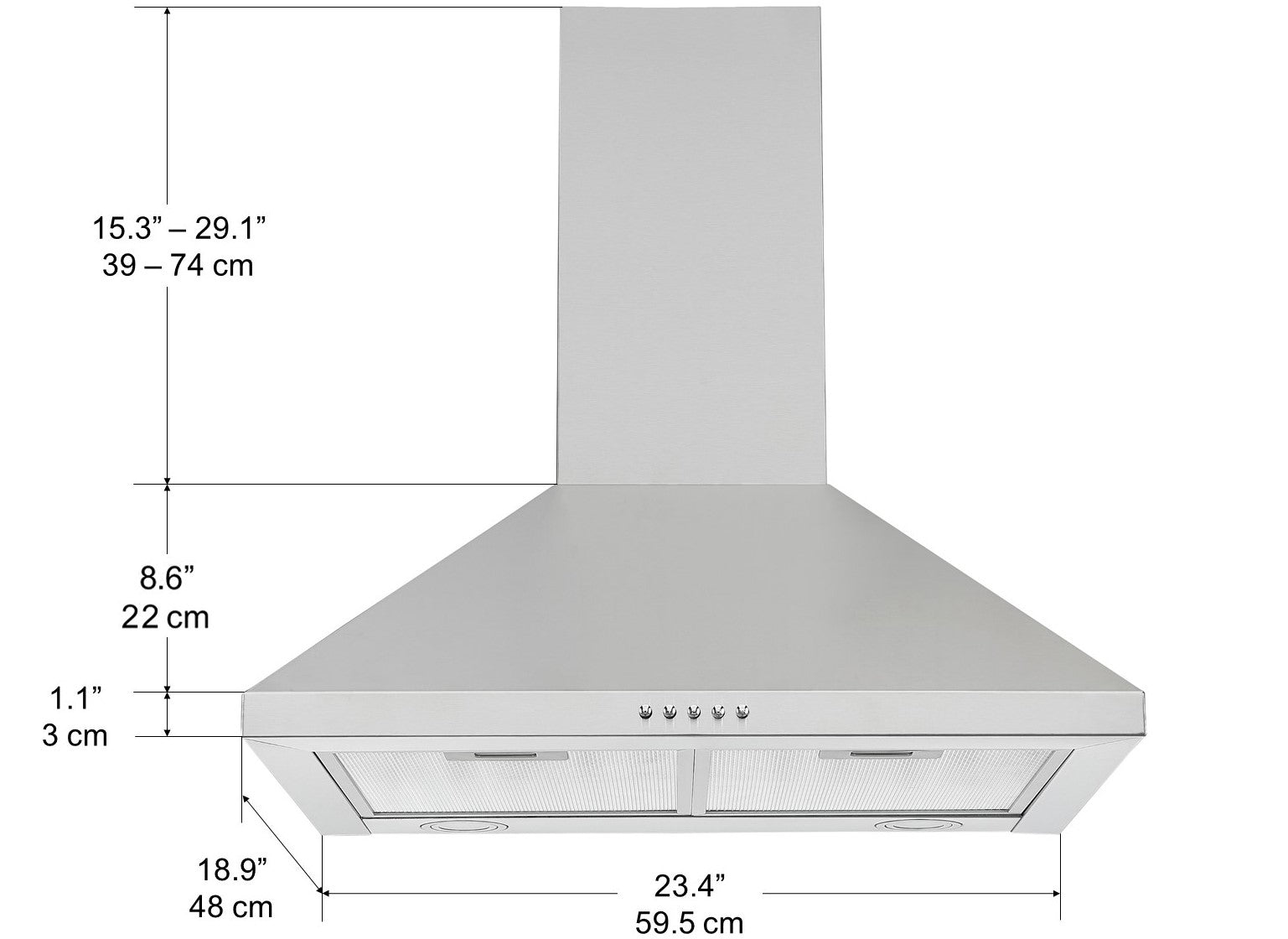 Hotte de cuisine murale convertible 24 pouces 440 cfm en acier inoxydable