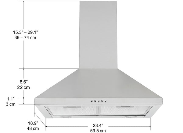 Hotte de cuisine murale convertible 24 pouces 440 cfm en acier inoxydable