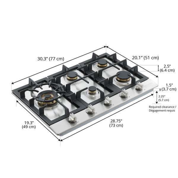 Ancona table de cuisson à gaz encastrée de 30" en acier inoxydable avec 5 brûleurs en laiton et supports de casseroles et wok en fonte