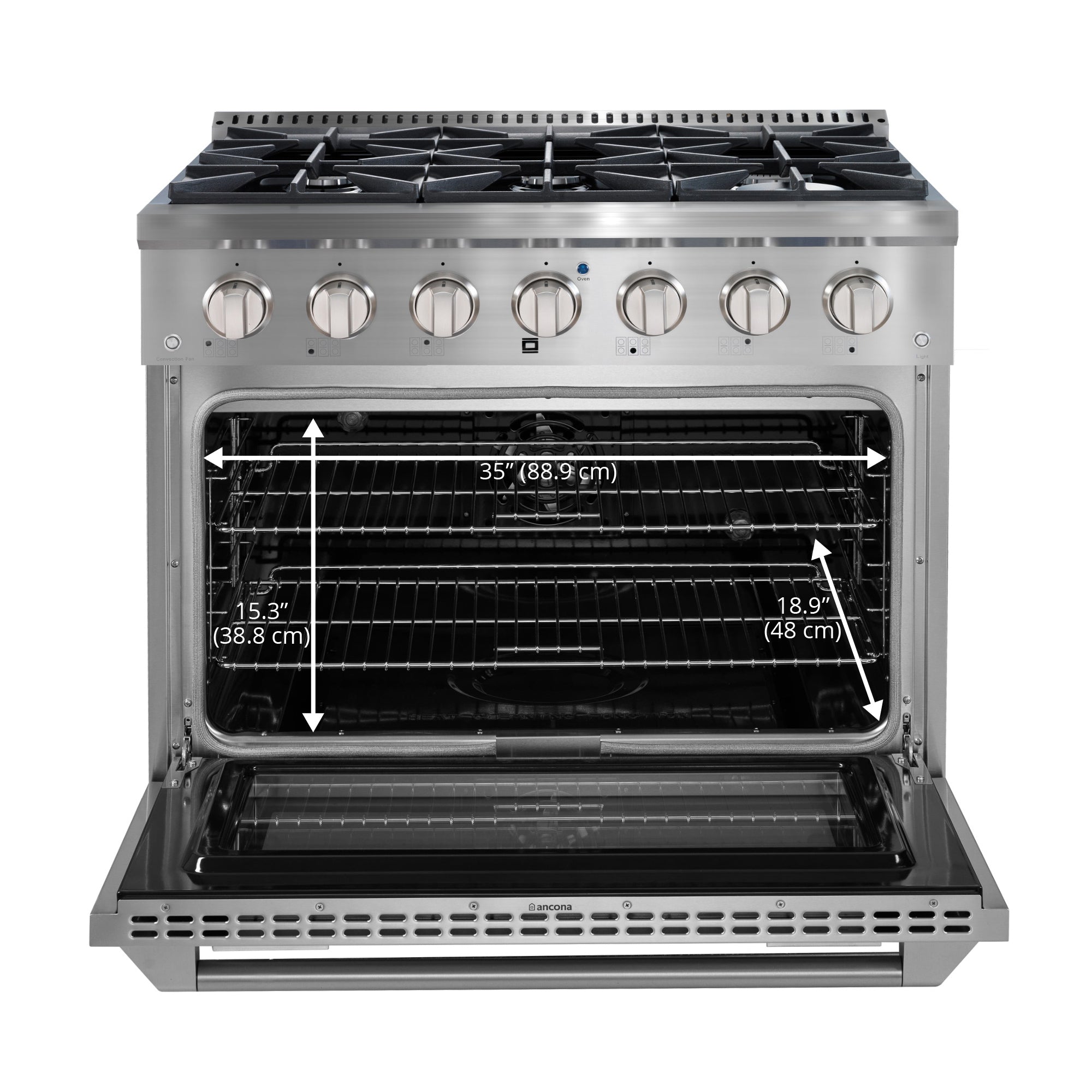 Ancona cuisinière à gaz de 36” 5,2 pi. cu avec 6 brûleurs et four électrique à convection en acier inoxydable