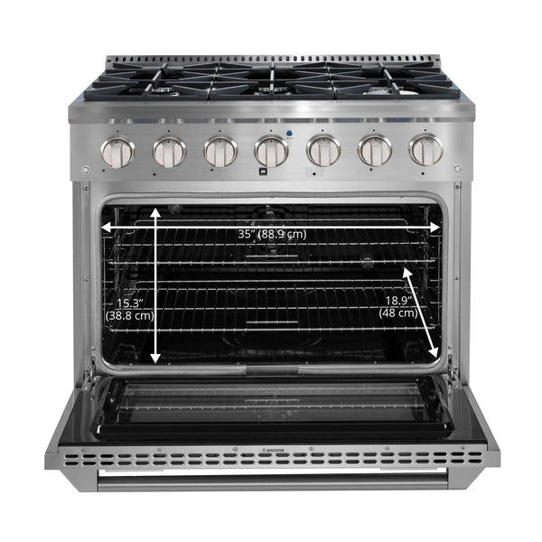 Ancona cuisinière à gaz de 36” 5,2 pi. cu avec 6 brûleurs et four électrique à convection en acier inoxydable