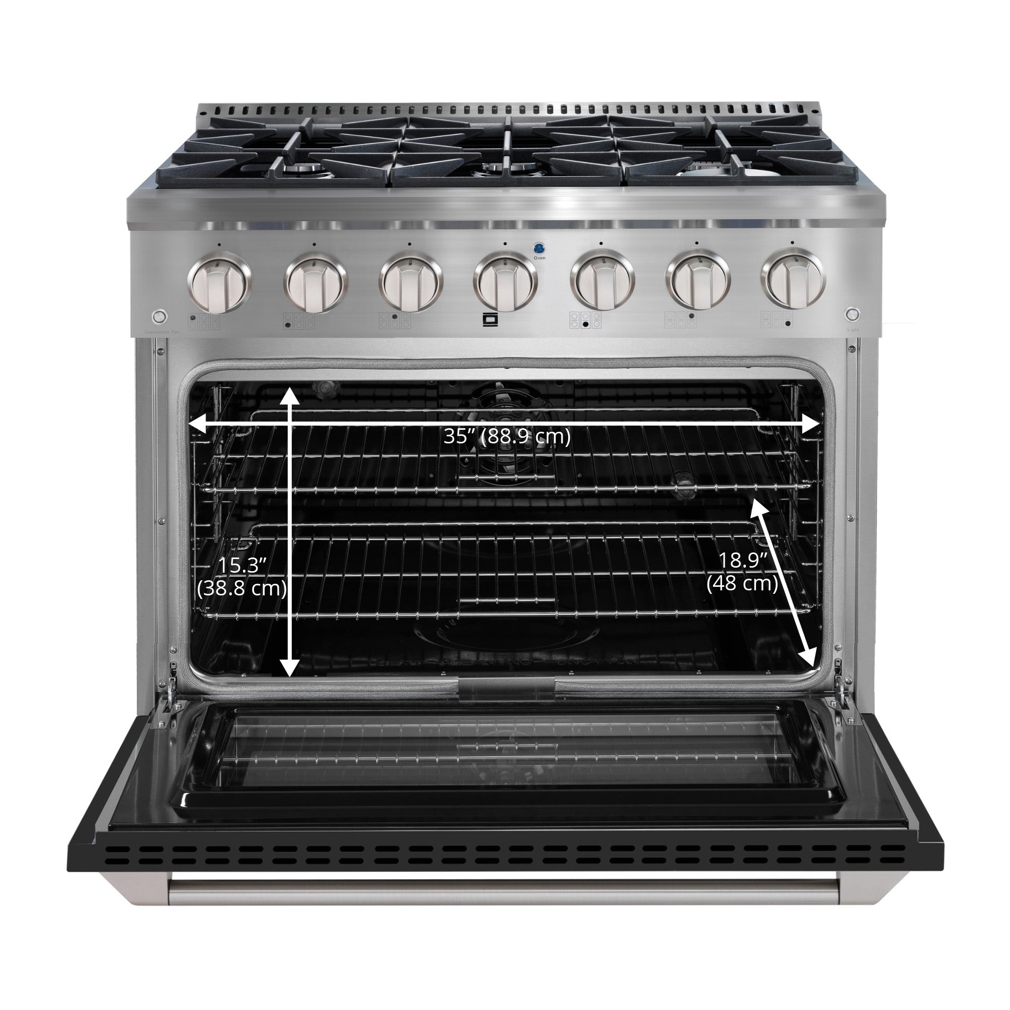 Ancona cuisinière à gaz de 36” 5,2 pi. cu avec 6 brûleurs et four électrique à convection en acier inoxydable avec porte noire