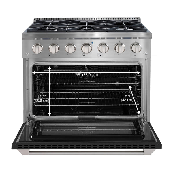 Ancona cuisinière à gaz de 36” 5,2 pi. cu avec 6 brûleurs et four électrique à convection en acier inoxydable avec porte noire