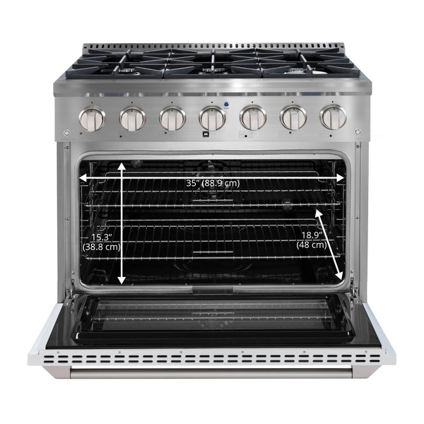 Ancona cuisinière à gaz de 36” 5,2 pi. cu avec 6 brûleurs et four électrique à convection en acier inoxydable avec blanche