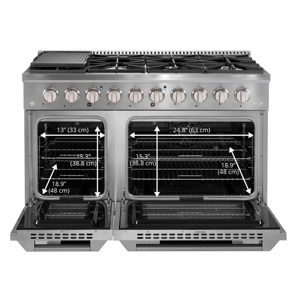 Ancona cuisinière à gaz de 48” 6,7 pi. cu avec 8 brûleurs et four électrique à convection double en acier inoxydable