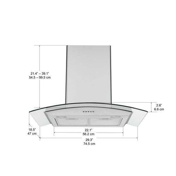 Ancona hotte de cuisine murale convertible à auvent en verre de 30" en acier inoxydable