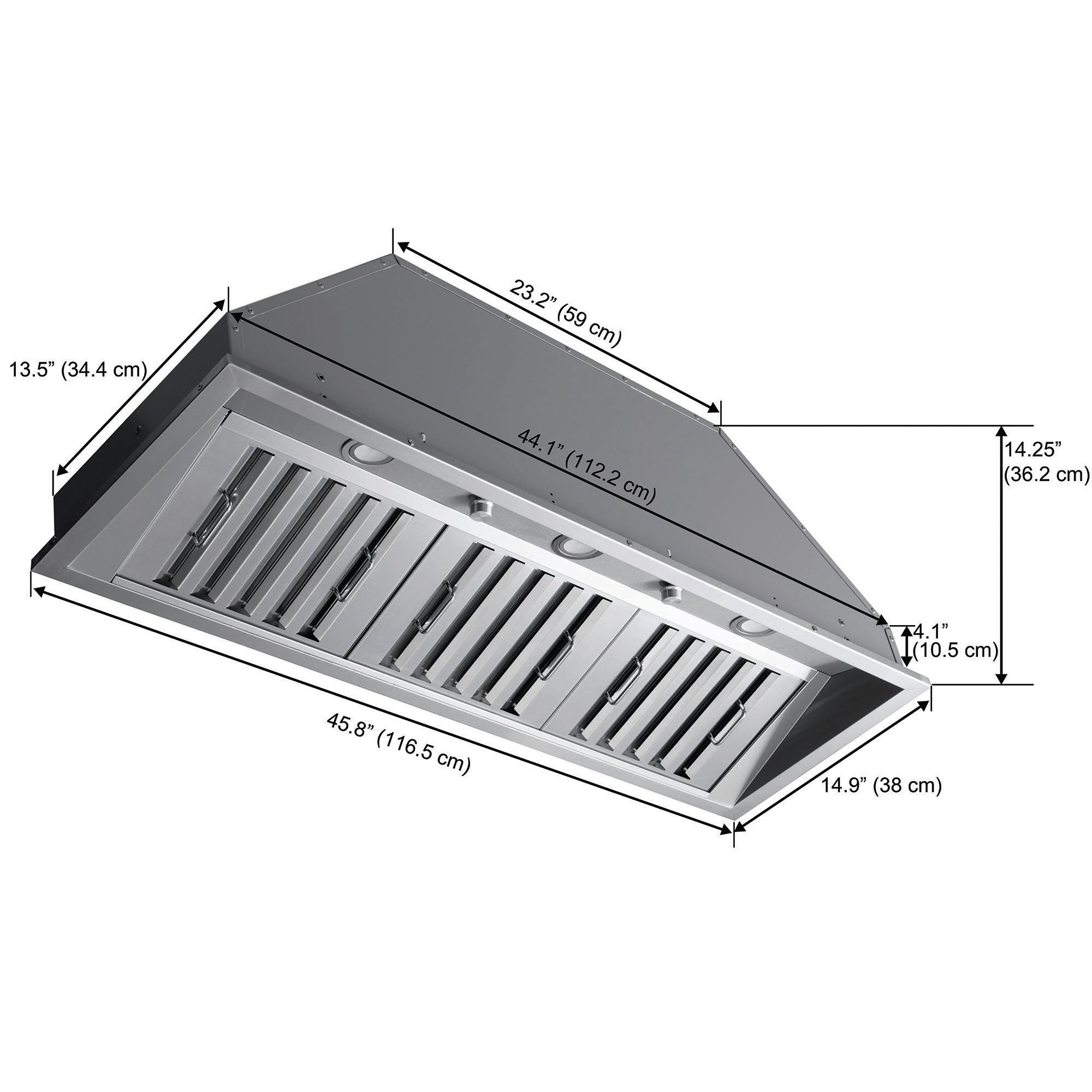 Ancona Pro - Hotte de cuisine encastrable à conduit de 46 po 600 pi3/min en acier inoxydable