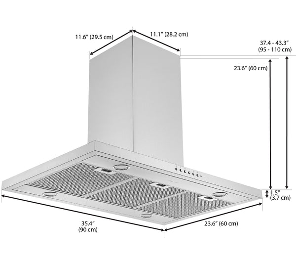 Hotte de cuisine rectangulaire convertible en acier inoxydable pour îlot – 91,44 cm (36 po)