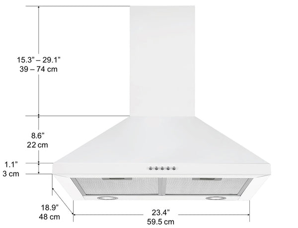 Hotte de cuisine murale convertible 24 pouces 440 cfm en blanc