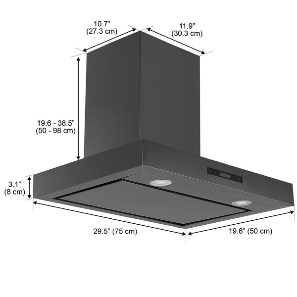 Hotte de cuisine d’Ancona rectangulaire convertible à fixation murale en acier inoxydable noir (30 po)