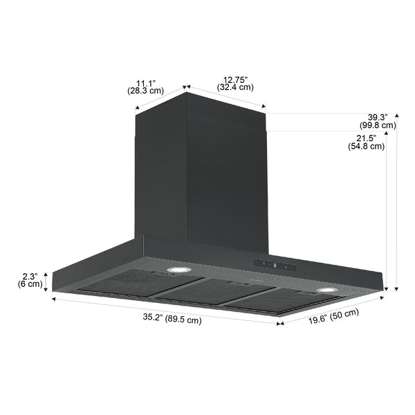 Ancona hotte de cuisine rectangulaire convertible à fixation murale de 36” 440 pi3/min en noir mat