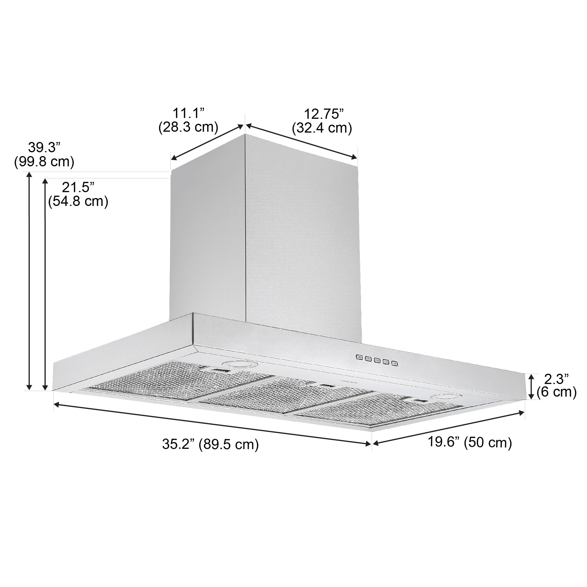 Ancona hotte de cuisine rectangulaire convertible à fixation murale de 36” 600 pi3/min en acier inoxydable