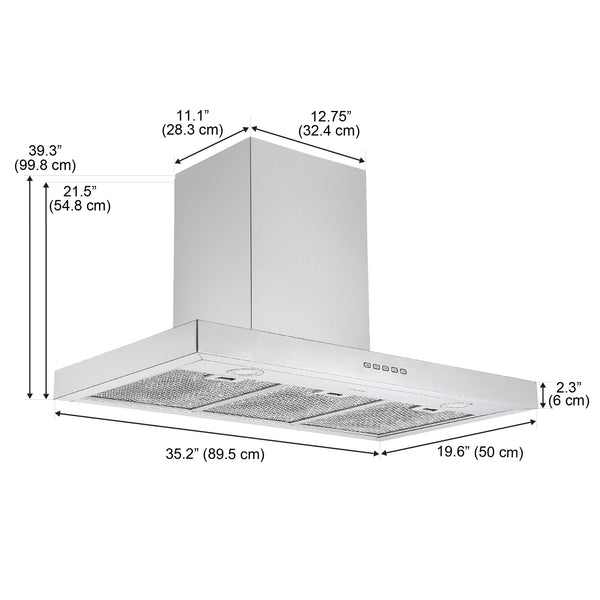 Ancona hotte de cuisine rectangulaire convertible à fixation murale de 36” 600 pi3/min en acier inoxydable