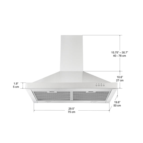 Ancona WRRV430 hotte de cuisine pyramidale à ventilation arrière de 30 po en acier inoxydable
