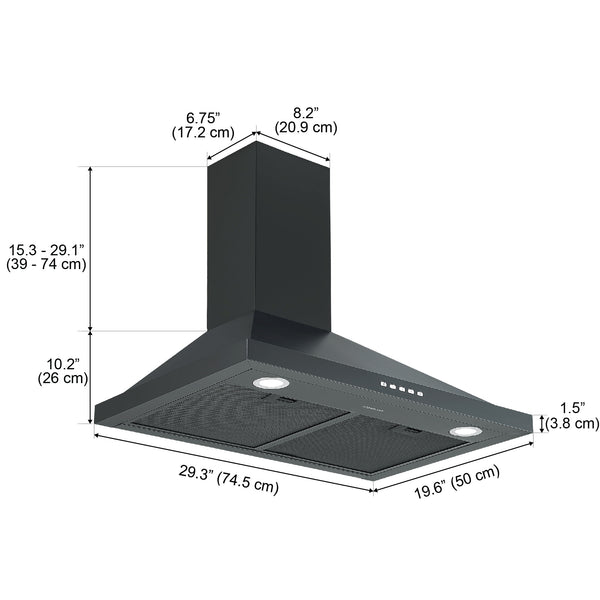 Ancona hotte de cuisine de 30" pyramidale convertible à fixation murale en noir mat