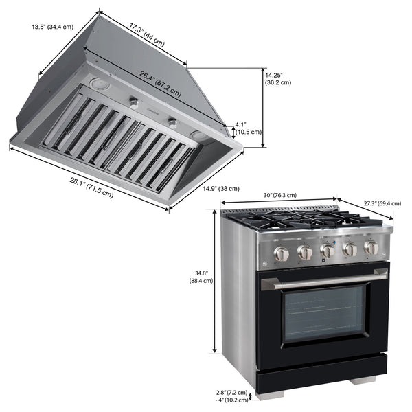 Ancona ensemble électroménagers de cuisine 2 pièces avec cuisinière au gaz 30 po avec four à convection et hotte de cuisine intégrée de 600 pi3/min