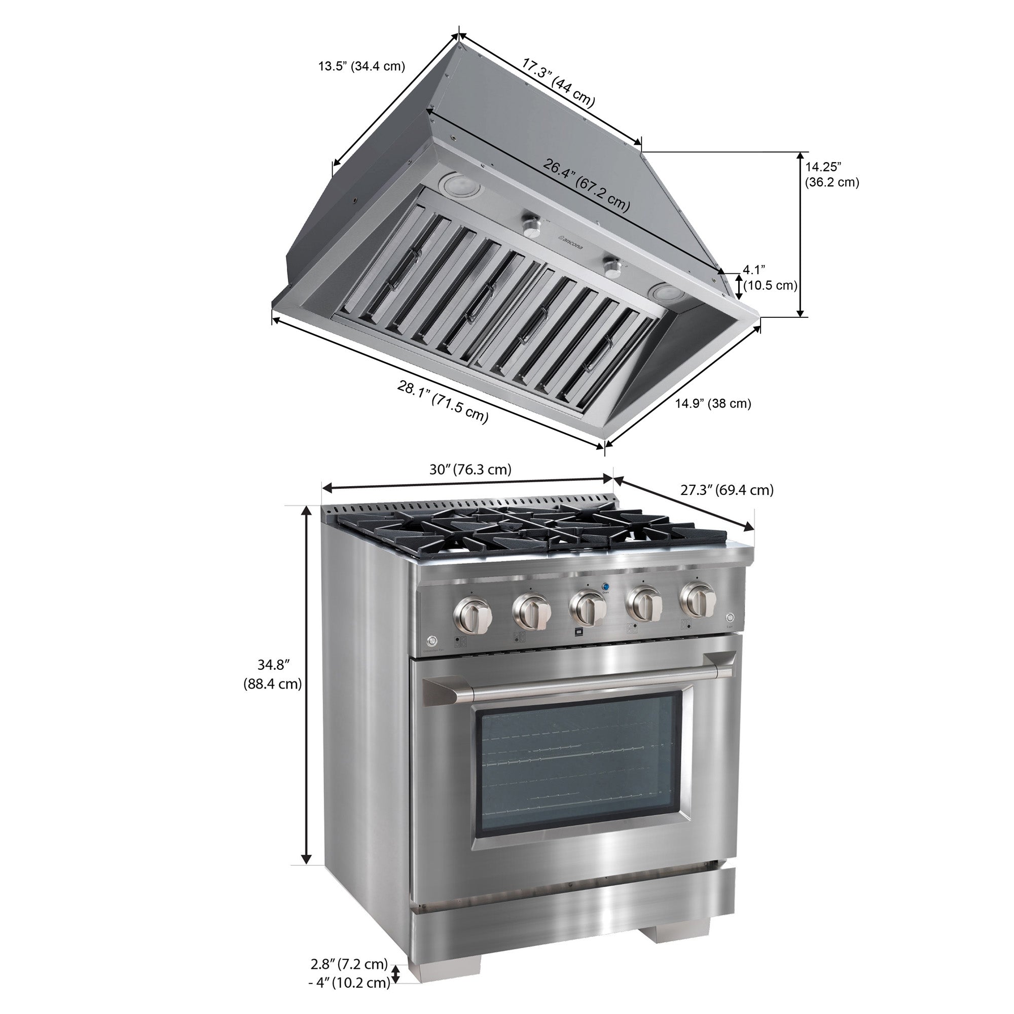 Ancona ensemble électroménagers de cuisine 2 pièces avec cuisinière au gaz 30 po avec four à convection et hotte de cuisine intégrée de 600 pi3/min