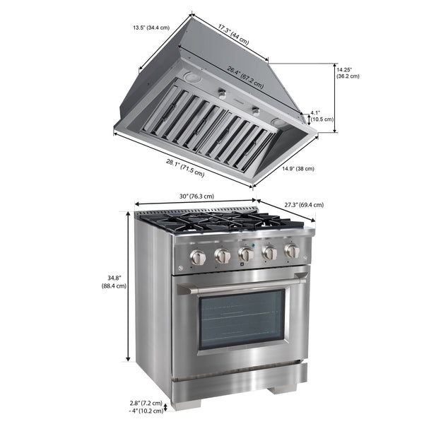 Ancona ensemble électroménagers de cuisine 2 pièces avec cuisinière au gaz 30 po avec four à convection et hotte de cuisine intégrée de 600 pi3/min