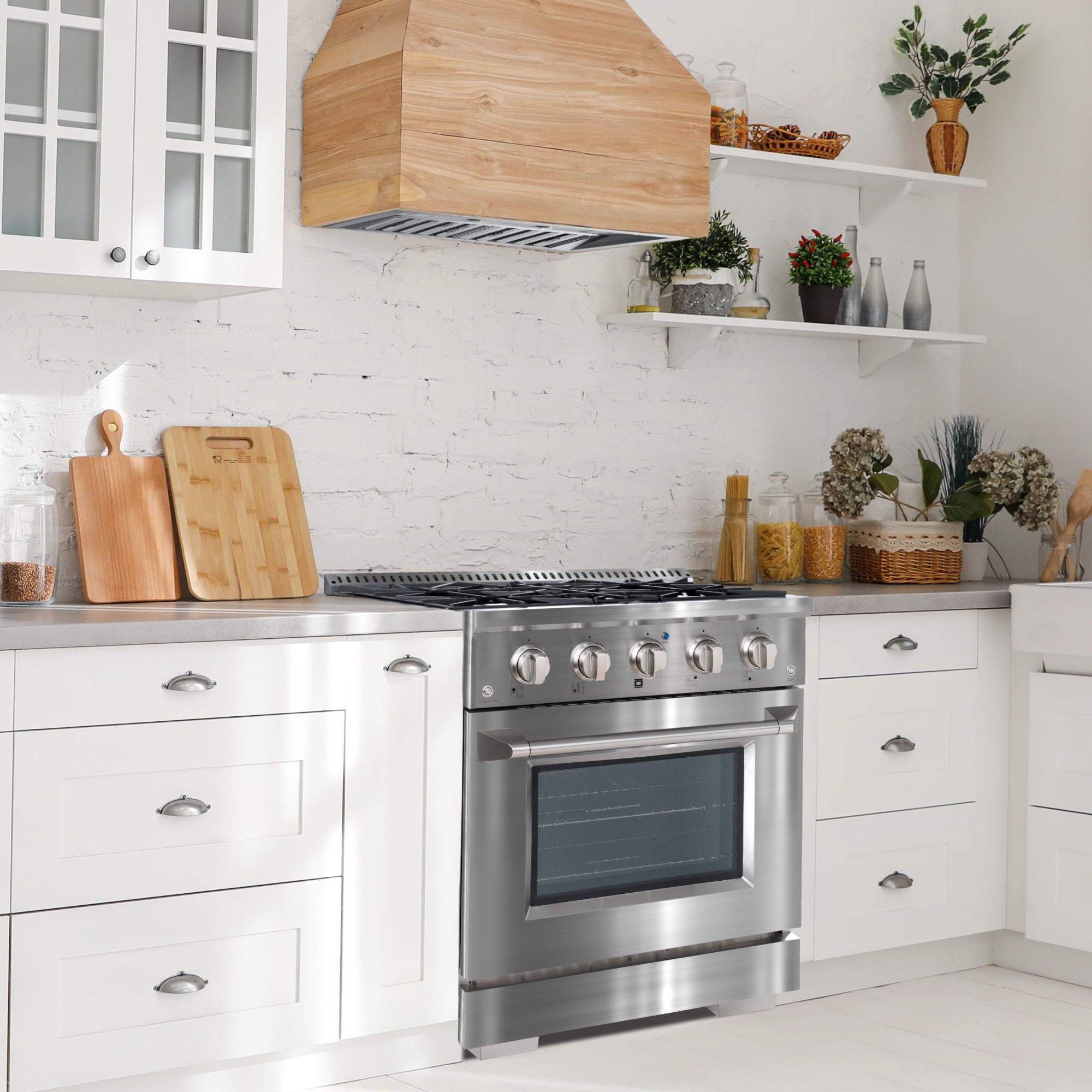 Ancona ensemble électroménagers de cuisine 2 pièces avec cuisinière au gaz 30 po avec four à convection et hotte de cuisine intégrée de 600 pi3/min