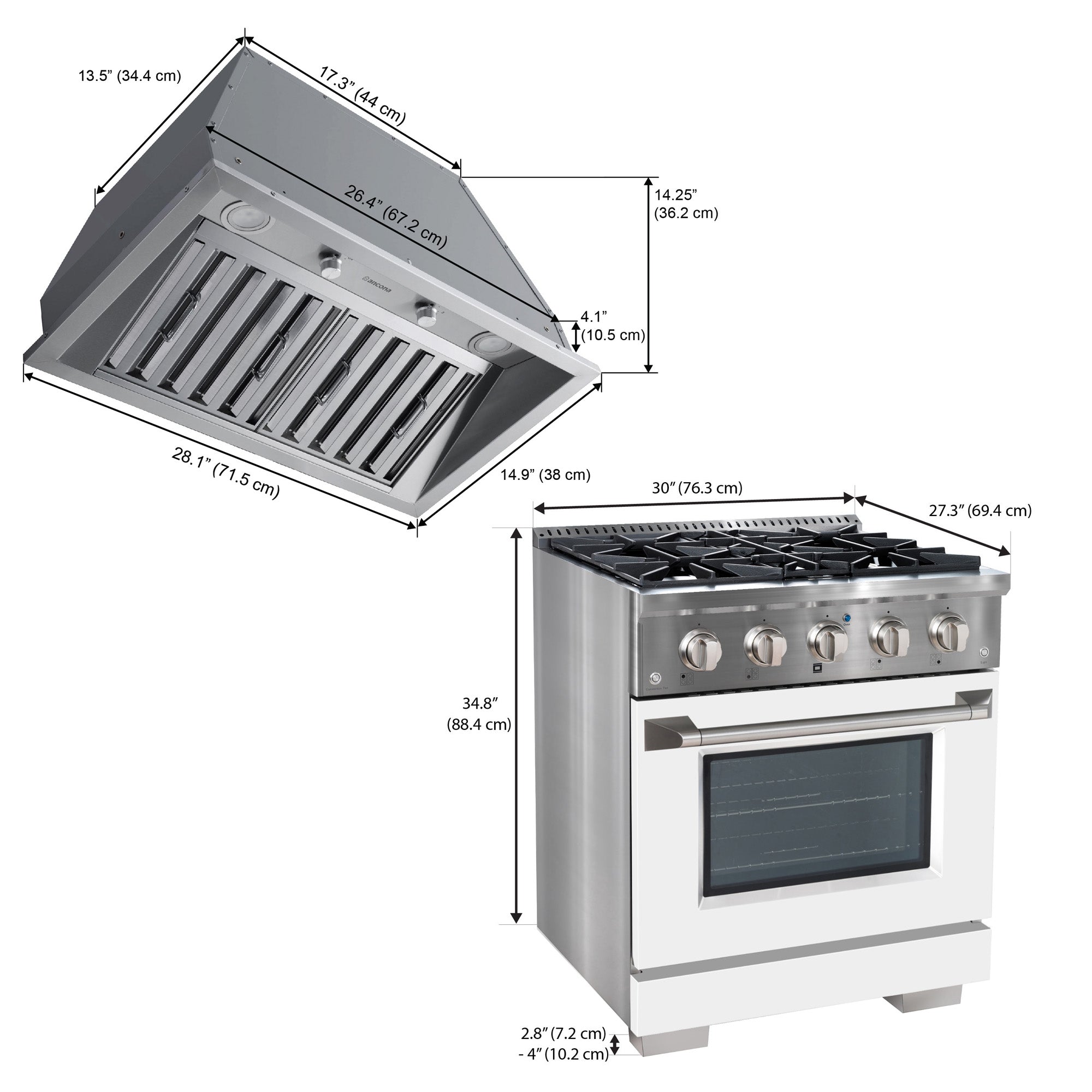 Ancona ensemble électroménagers de cuisine 2 pièces avec cuisinière au gaz 30 po avec four à convection et hotte de cuisine intégrée de 600 pi3/min