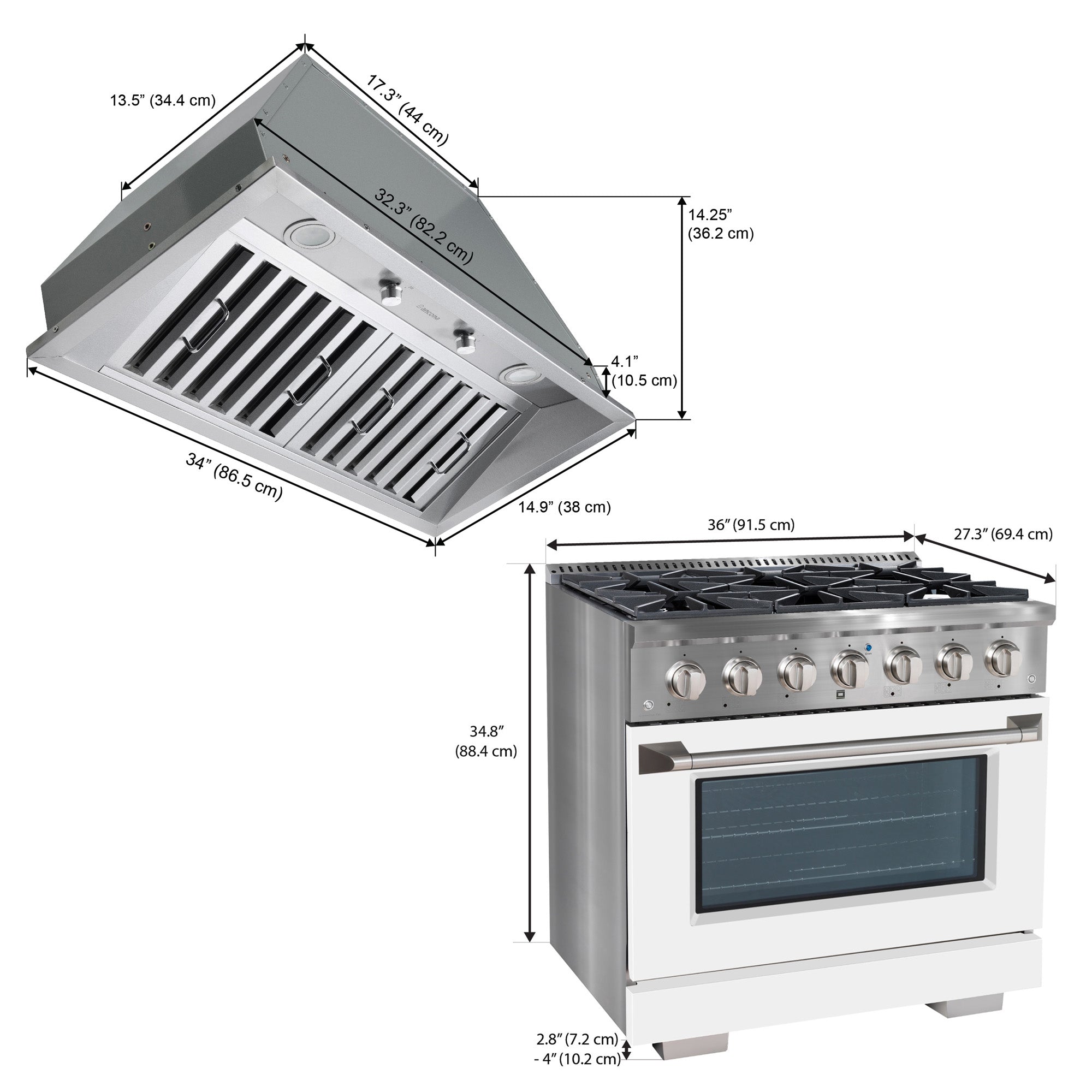 Ancona ensemble électroménagers de cuisine 2 pièces avec cuisinière au gaz 36 po avec four à convection et hotte de cuisine intégrée de 600 pi3/min