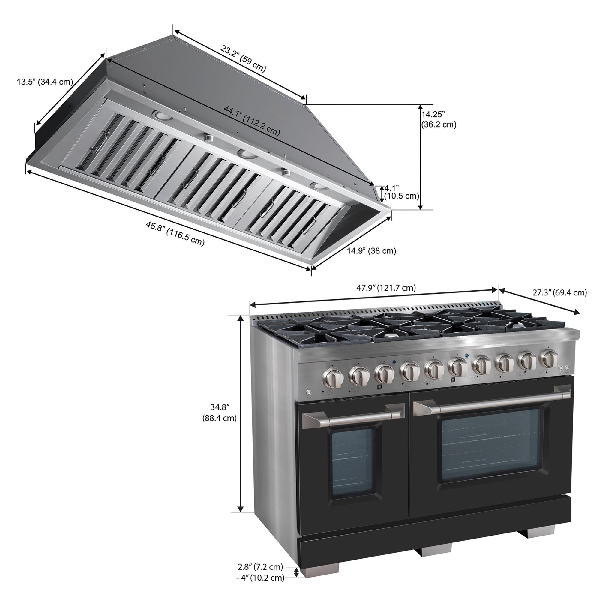 Ancona ensemble électroménagers de cuisine 2 pièces avec cuisinière au gaz 48 po avec four à convection et hotte de cuisine intégrée de 600 pi3/min.