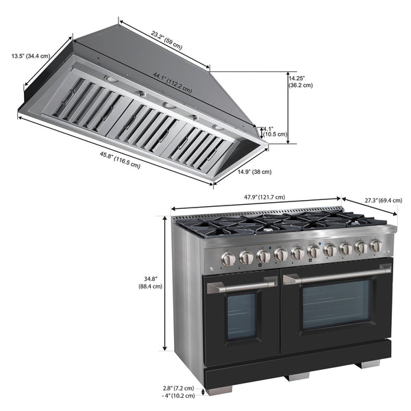 Ancona ensemble électroménagers de cuisine 2 pièces avec cuisinière au gaz 48 po avec four à convection et hotte de cuisine intégrée de 600 pi3/min.