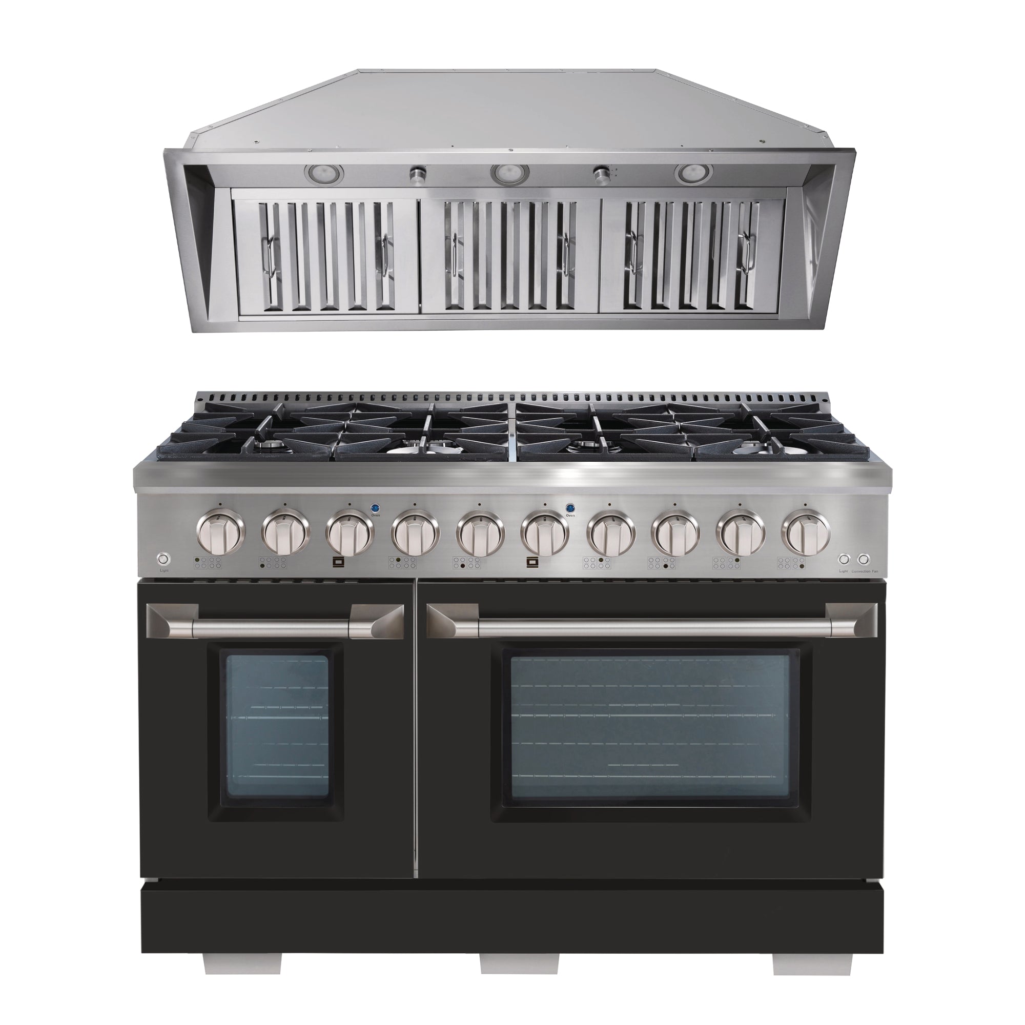 Ancona ensemble électroménagers de cuisine 2 pièces avec cuisinière au gaz 48 po avec four à convection et hotte de cuisine intégrée de 600 pi3/min.