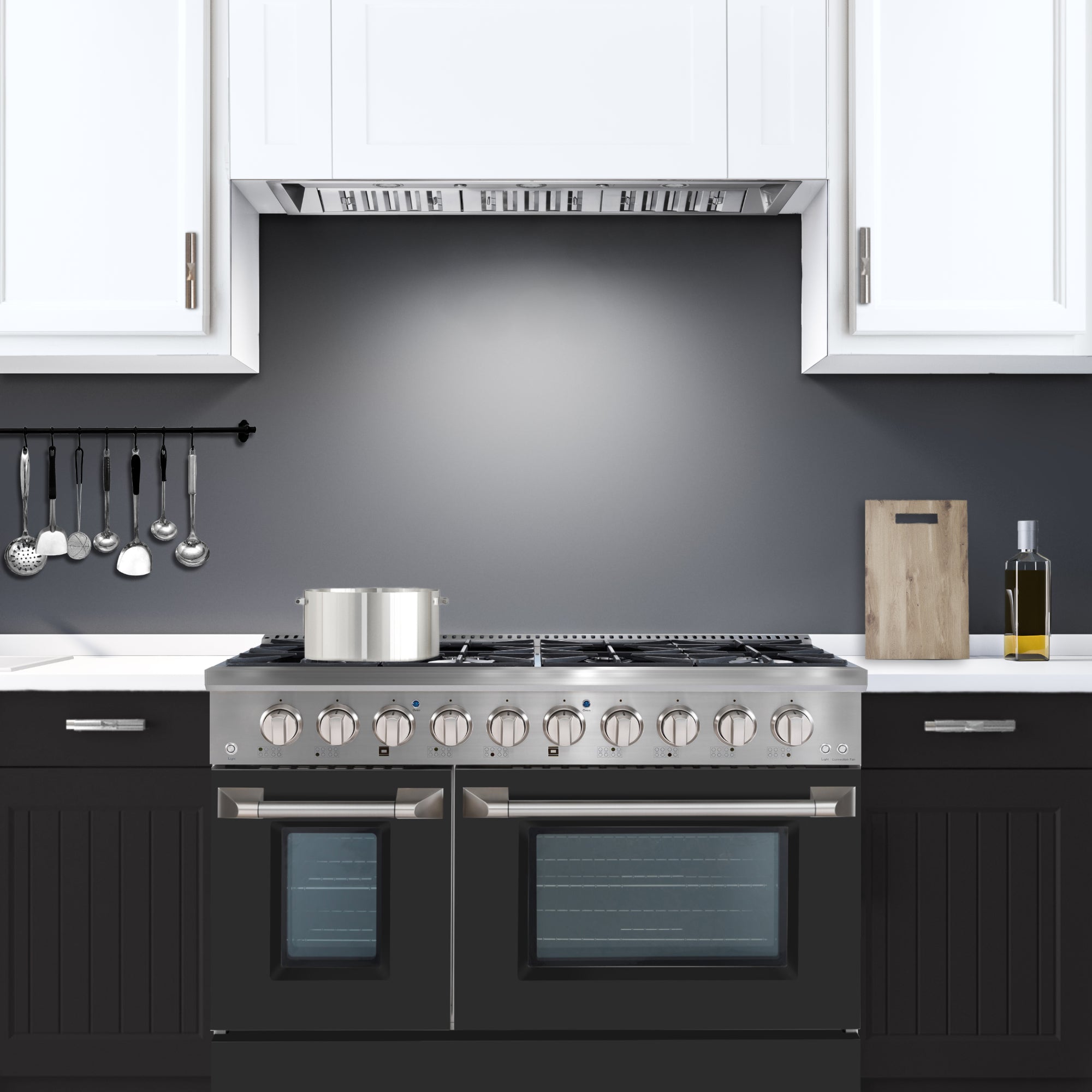 Ancona ensemble électroménagers de cuisine 2 pièces avec cuisinière au gaz 48 po avec four à convection et hotte de cuisine intégrée de 600 pi3/min.