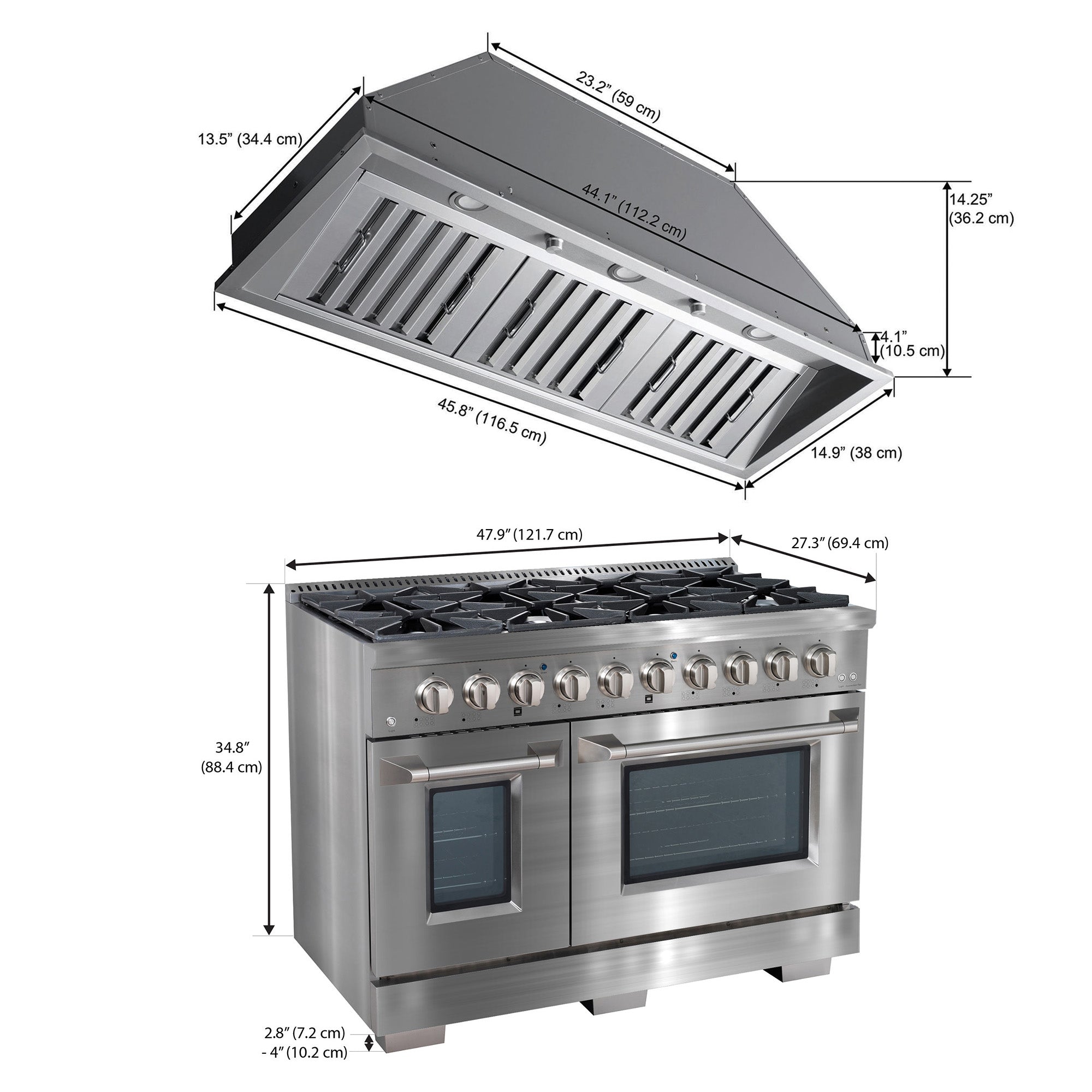 Ancona ensemble électroménagers de cuisine 2 pièces avec cuisinière au gaz 48 po avec four à convection et hotte de cuisine intégrée de 600 pi3/min