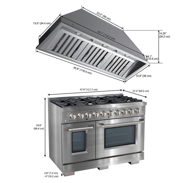 Ancona ensemble électroménagers de cuisine 2 pièces avec cuisinière au gaz 48 po avec four à convection et hotte de cuisine intégrée de 600 pi3/min