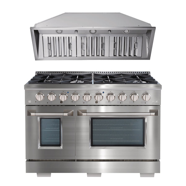 Ancona ensemble électroménagers de cuisine 2 pièces avec cuisinière au gaz 48 po avec four à convection et hotte de cuisine intégrée de 600 pi3/min