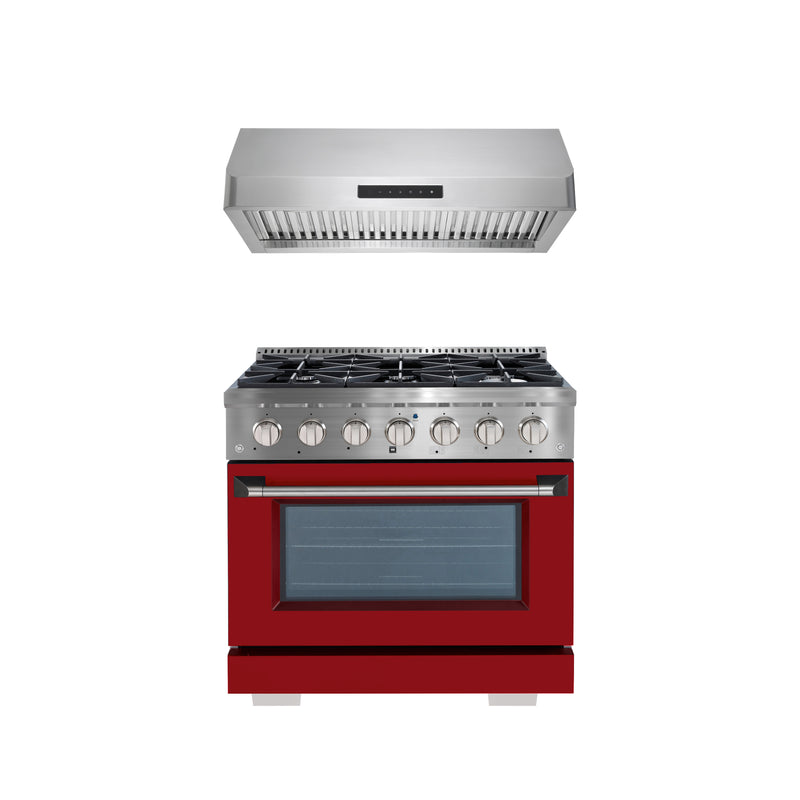Ancona 2-piece Kitchen Package with 36" Gas Range with Matte Red Door and 650 CFM Undercabinet Range Hood with Night Light