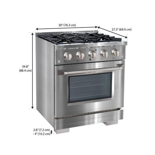 Ancona 2-piece Kitchen Appliance Package with 30” 4-Burner Dual Fuel Range with Convection and 600 CFM Built-In Range Hood
