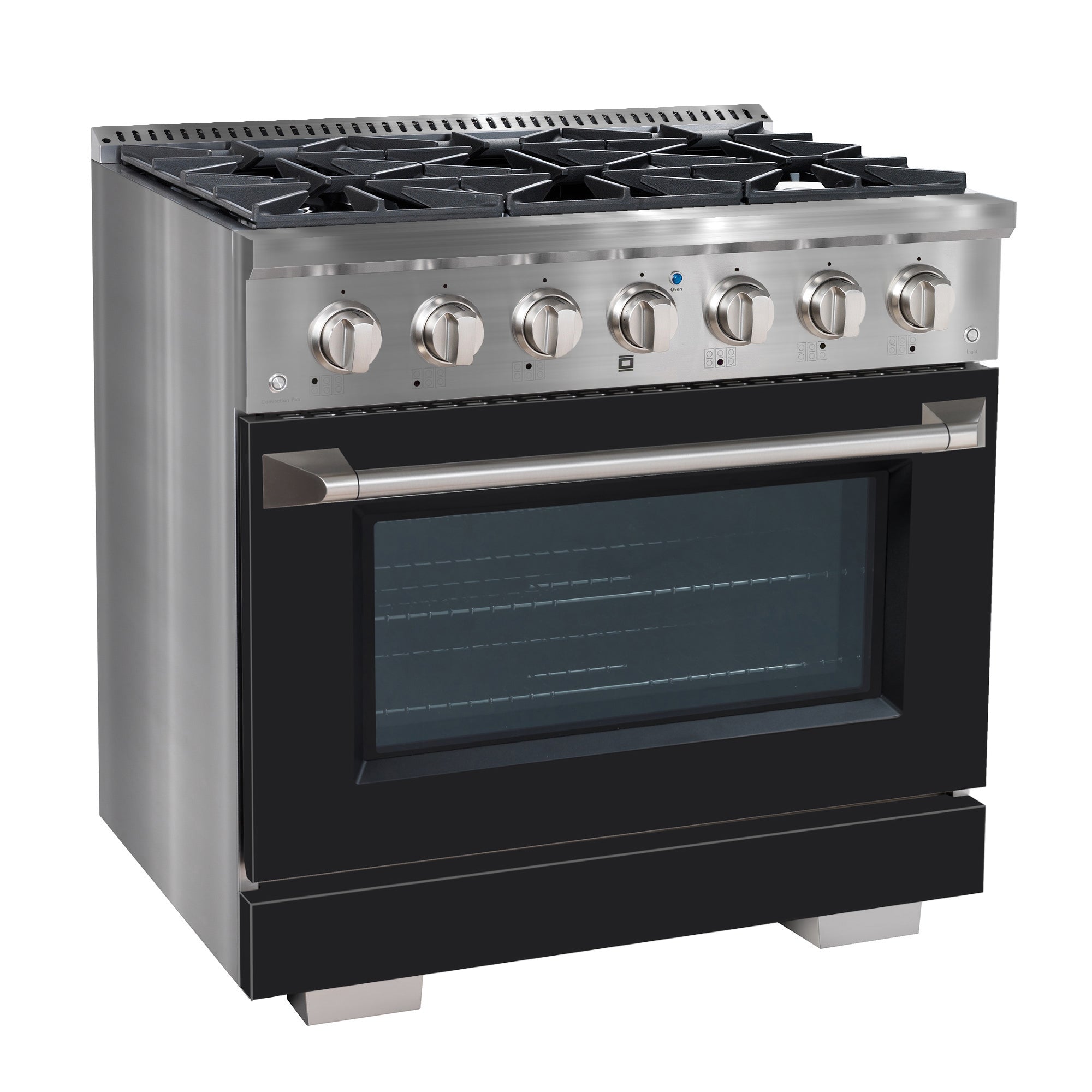 Ancona cuisinière à gaz de 36” 5,2 pi. cu avec 6 brûleurs et four électrique à convection en acier inoxydable avec porte noire