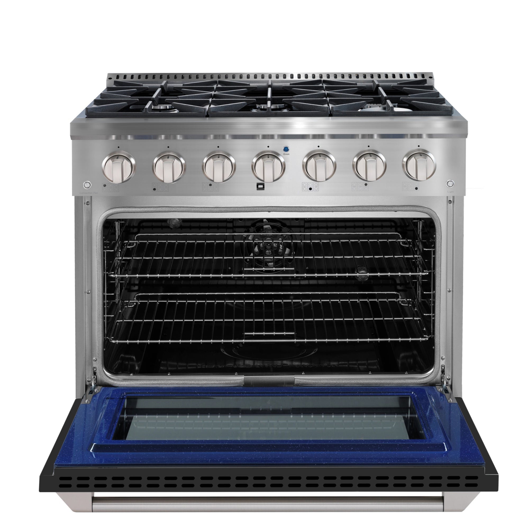 Ancona cuisinière à gaz de 36” 5,2 pi. cu avec 6 brûleurs et four électrique à convection en acier inoxydable avec porte noire