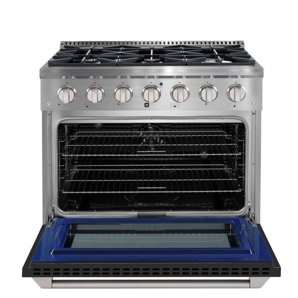 Ancona cuisinière à gaz de 36” 5,2 pi. cu avec 6 brûleurs et four électrique à convection en acier inoxydable avec porte noire