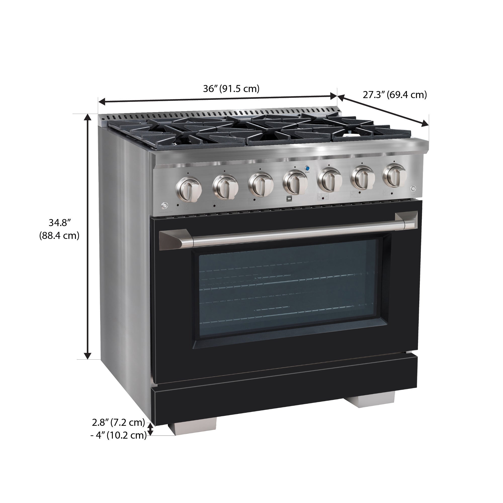 Ancona cuisinière à gaz de 36” 5,2 pi. cu avec 6 brûleurs et four électrique à convection en acier inoxydable avec porte noire