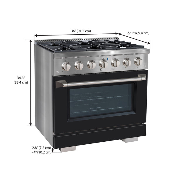 Ancona cuisinière à gaz de 36” 5,2 pi. cu avec 6 brûleurs et four électrique à convection en acier inoxydable avec porte noire