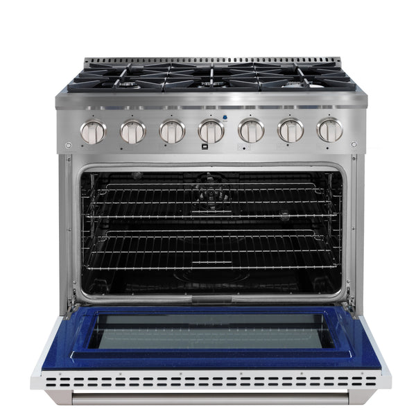 Ancona cuisinière à gaz de 36” 5,2 pi. cu avec 6 brûleurs et four électrique à convection en acier inoxydable avec blanche