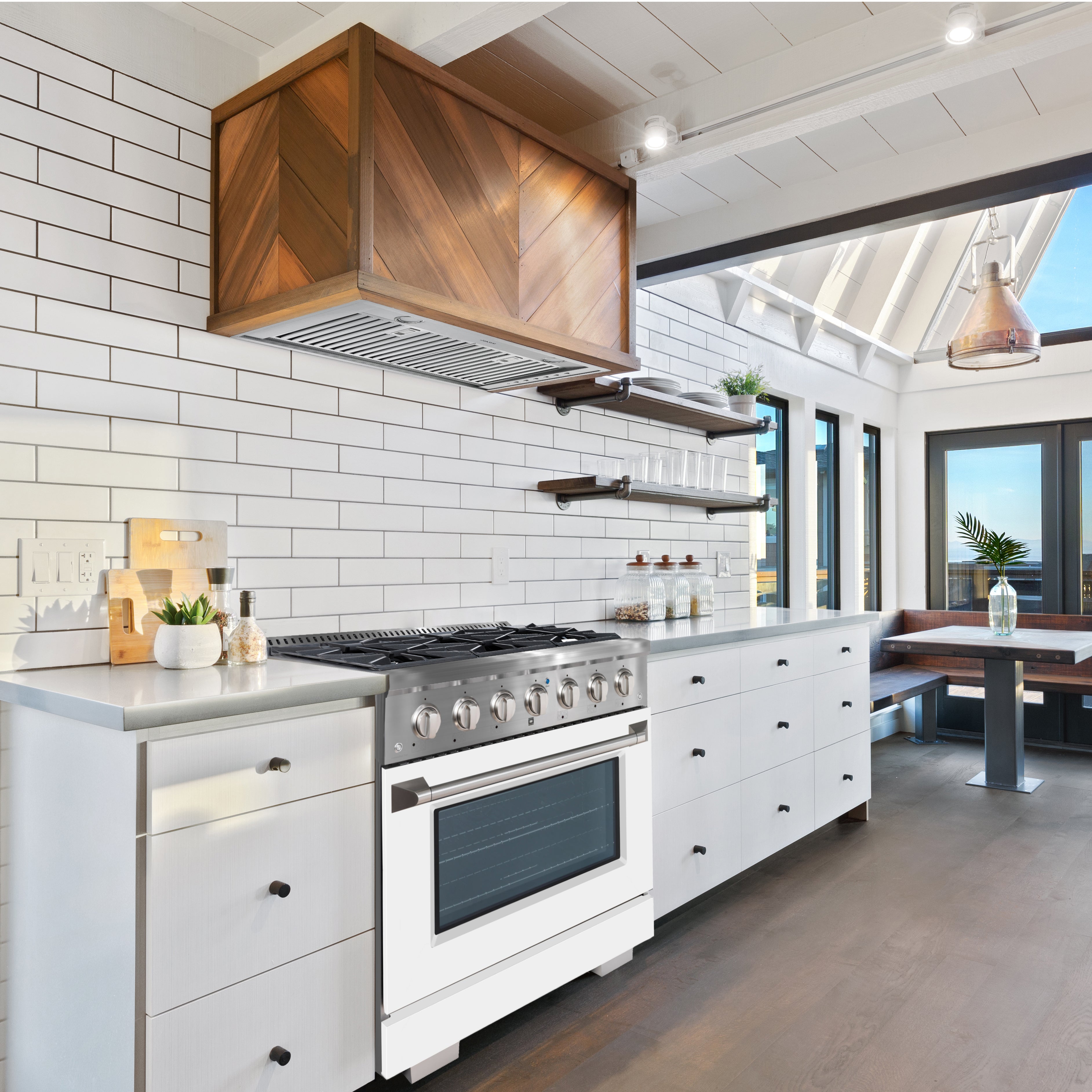 Ancona cuisinière à gaz de 36” 5,2 pi. cu avec 6 brûleurs et four électrique à convection en acier inoxydable avec blanche