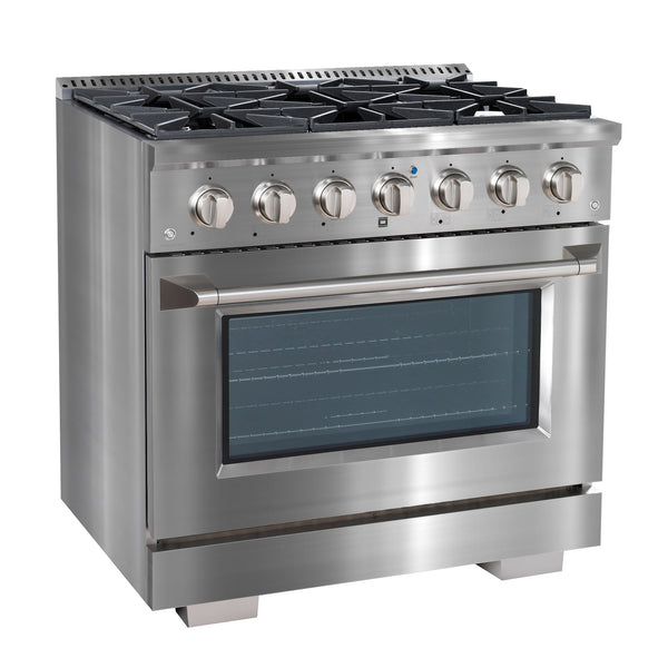 Ancona cuisinière à gaz de 36” 5,2 pi. cu avec 6 brûleurs et four électrique à convection en acier inoxydable