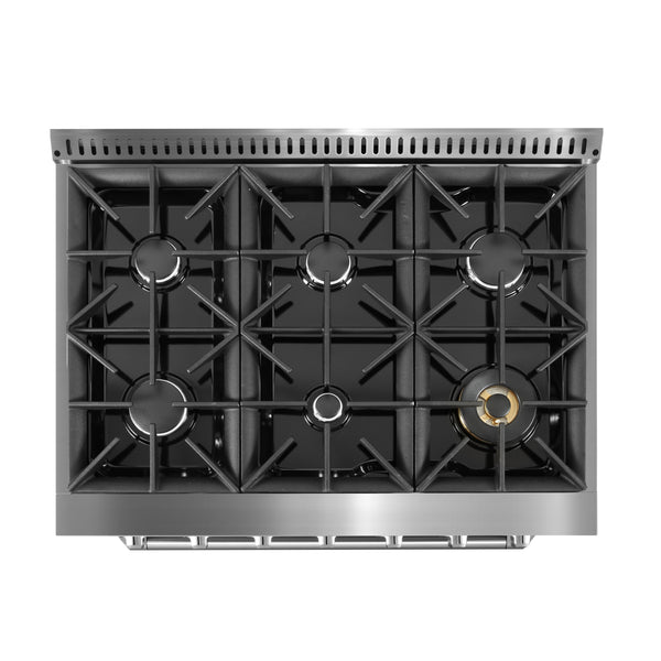 Ancona cuisinière à gaz de 36” 5,2 pi. cu avec 6 brûleurs et four électrique à convection en acier inoxydable