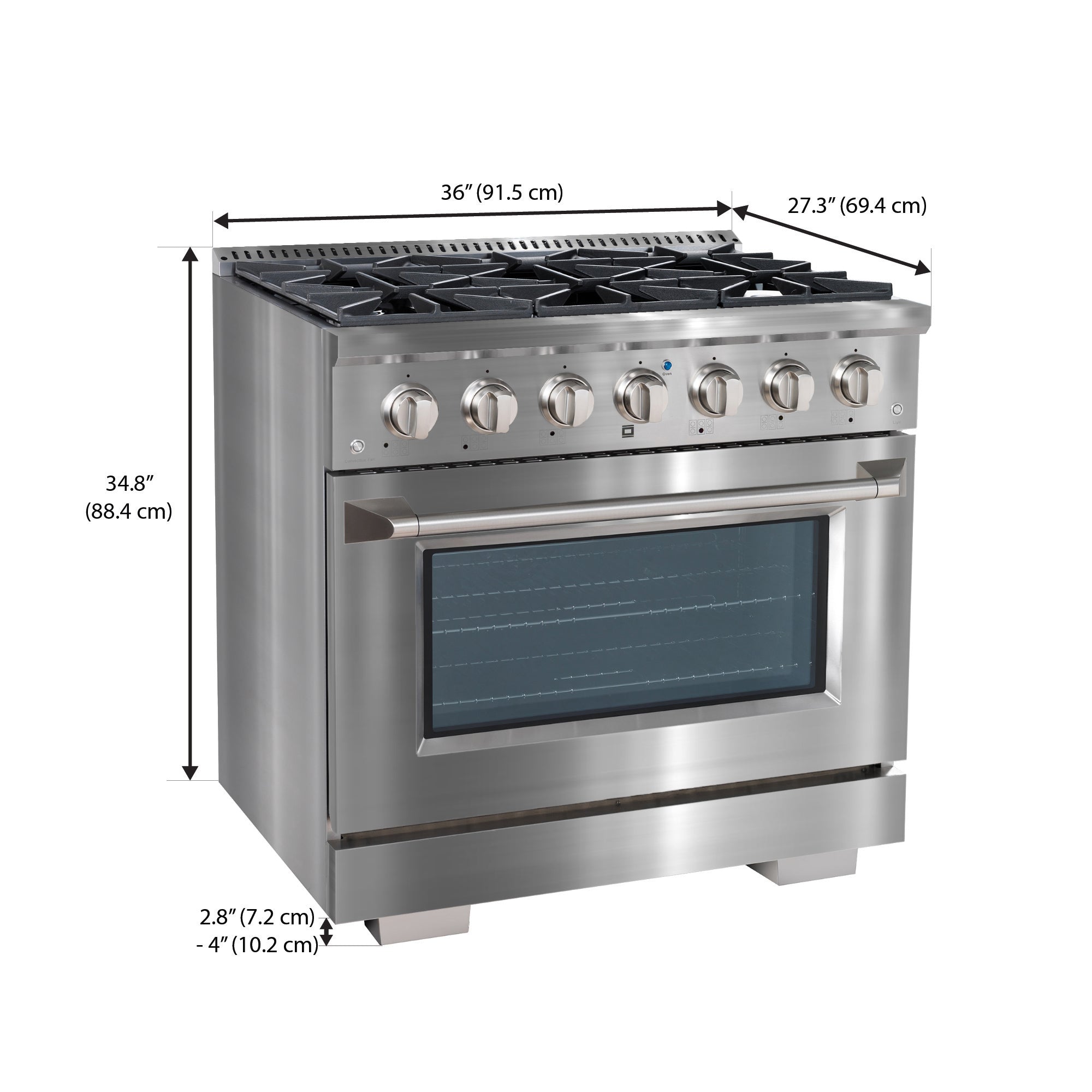 Ancona cuisinière à gaz de 36” 5,2 pi. cu avec 6 brûleurs et four électrique à convection en acier inoxydable
