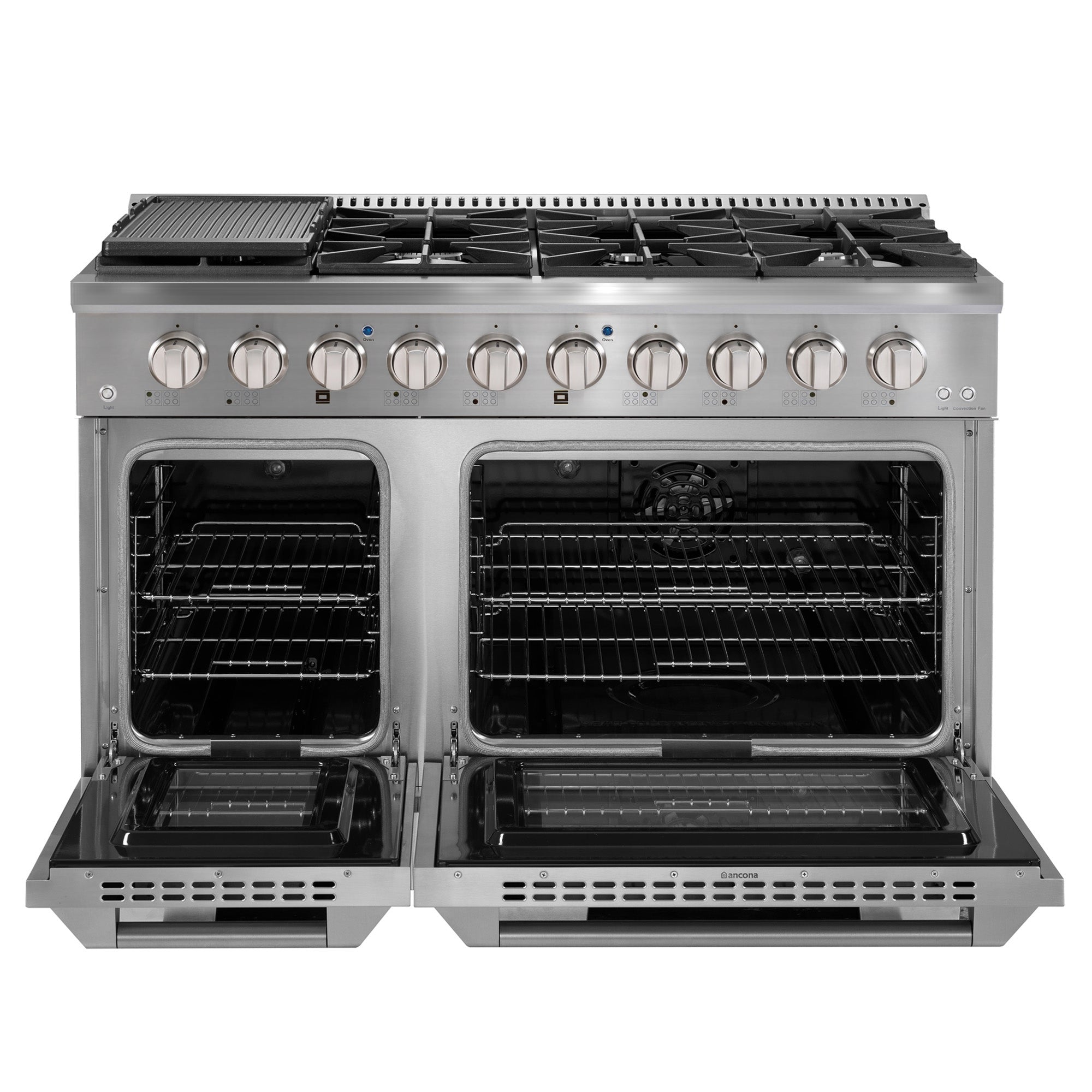 Ancona cuisinière à gaz de 48” 6,7 pi. cu avec 8 brûleurs et four électrique à convection double en acier inoxydable