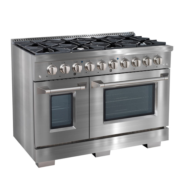 Ancona cuisinière à gaz de 48” 6,7 pi. cu avec 8 brûleurs et four électrique à convection double en acier inoxydable