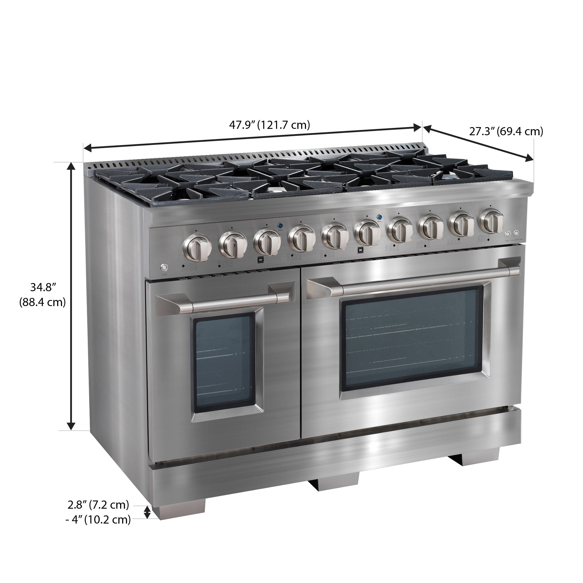 Ancona cuisinière à gaz de 48” 6,7 pi. cu avec 8 brûleurs et four électrique à convection double en acier inoxydable