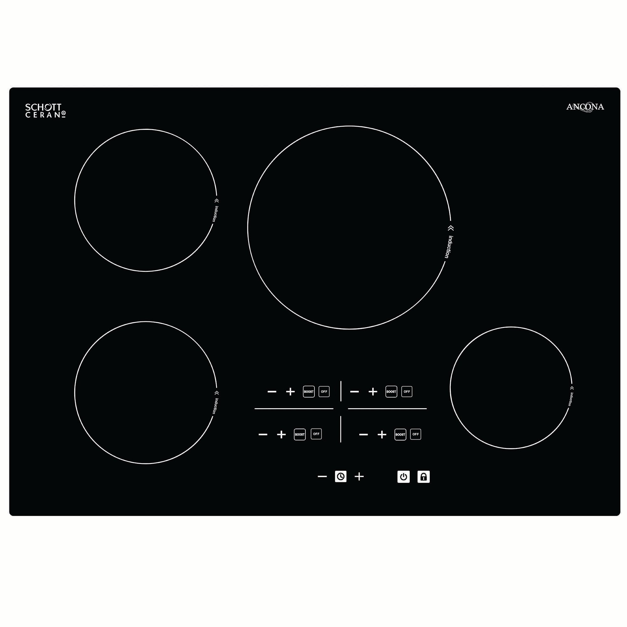 Ancona surface de cuisson à induction à 4 brûleurs de 30” de la gamme Elite en céramique noire